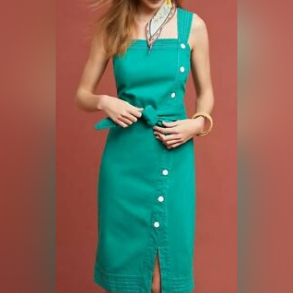 Maeve Anthropologie Green Button-Down Dress US Women's Size 10 - Picture 2 of 10